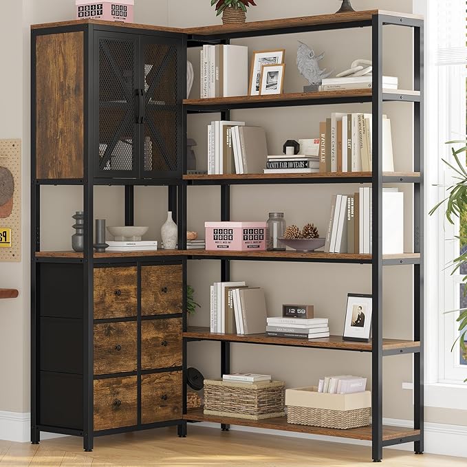 Corner Bookshelf, 6 Tier Industrial Convertible Bookshelf with 6 Fabric Drawers, Corner Bookcase Large L Shaped Storage Display Shelf for Home Office, Living Room, Kitchen, Rustic Brown