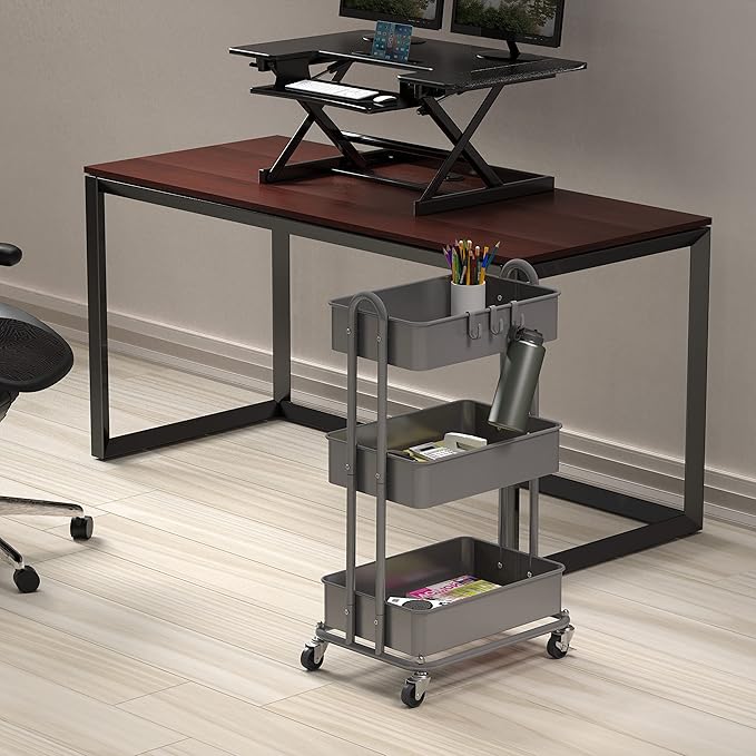 Simple Houseware Heavy Duty 3-Tier Metal Utility Rolling Cart, Silver