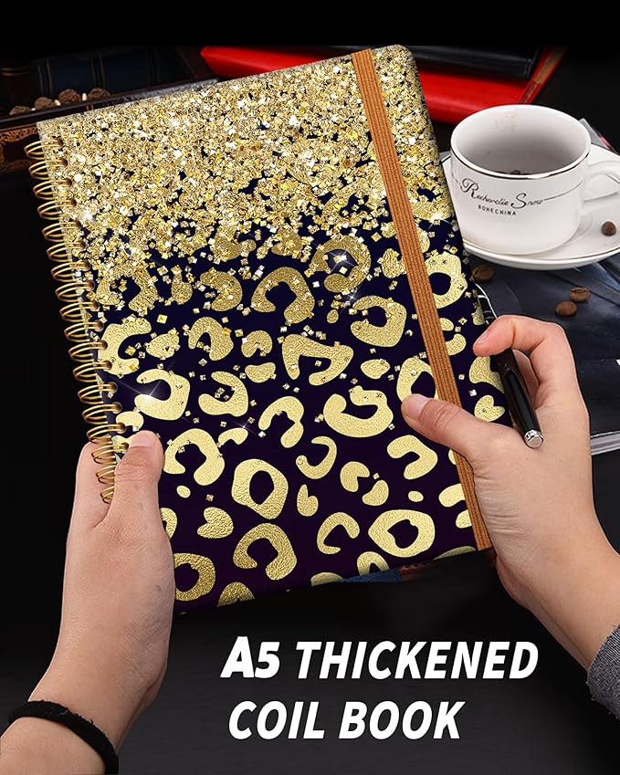 Ruled Spiral Writing Notebook,A5 Hardcover Lined College Journal for Women Lady,Fashion Puppy Watercolor Strong Twin-Wire Binding with Premium Paper,8.4" X 6",Perfect for School,Office,Home Gifts(Shiny Gold Leopard)