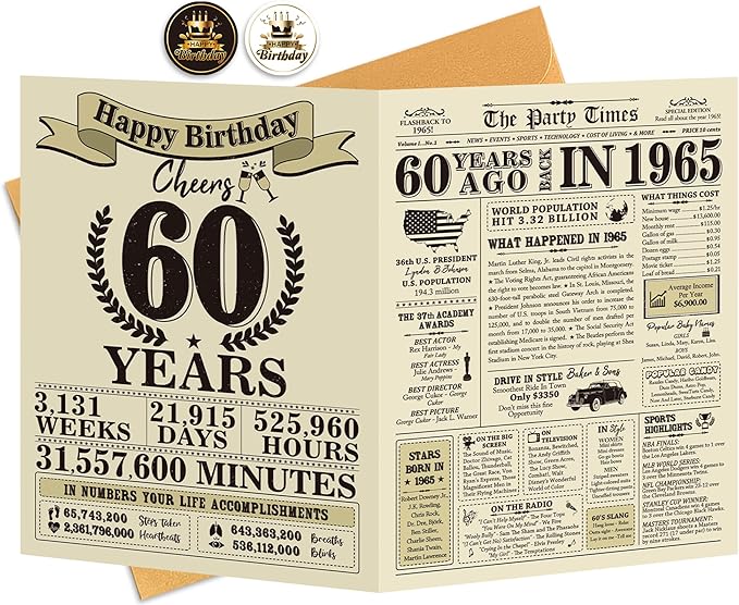 Funny 60th Birthday Gifts for Women Men, Jumbo 60th Birthday Card for Men, Happy 60th Birthday Card for Mom Dad Grandma, Gifts for 60 Year Old Woman, Vintage Back in 1965, 60th Birthday Decorations