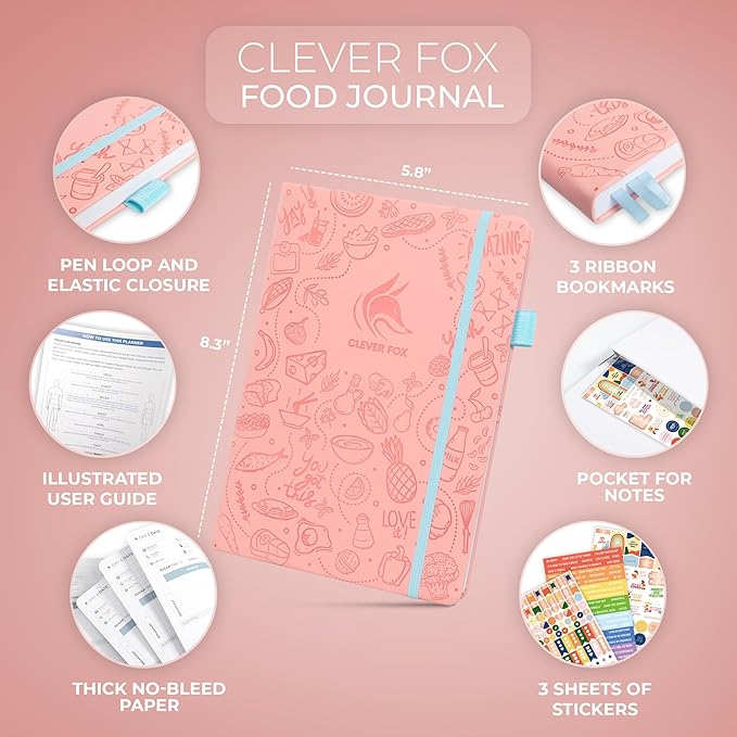 Clever Fox Food Journal - Daily Food Diary, Meal Planner to Track Calories & Nutrients, Weight Tracker Notebook, A5 (Light Pink)