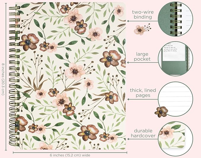 Steel Mill & Co Cute Green Mini Spiral Notebook, 8.25" x 6.25" Journal with Durable Hardcover and 160 Lined Pages, Woodland Floral