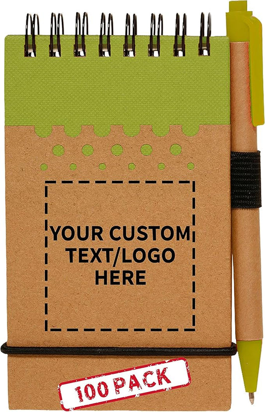 DISCOUNT PROMOS 100 Recyclable Spiral Small Notebooks Pack - Customizable Text, Logo - 60 Lined Pages - Lime Green