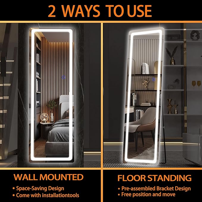 Hasipu Full Length Mirror with Lights, 56" x 16" LED Floor Mirror, Full Body Dressing Standing, Hanging Mounted Mirror for Living Room Bedroom Cloakroom, Round White
