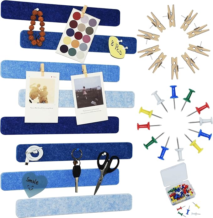 8Pcs Bulletin Board Strips, Blue Felt Pin Board Bar Strips with 50 Pushpins, Self-Adhesive Felt Cork Board Strips for Wall to Display Your Notes, Photos, Schedules, Announcements