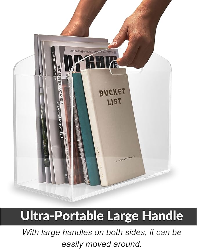 Magazine Rack - Clear Acrylic Magazine Holder, Acrylic Newspaper Stand Organizer with handles, Modern Lucite Magazine and Book Basket Box for Bathroom, Bedroom, Living Room and Office
