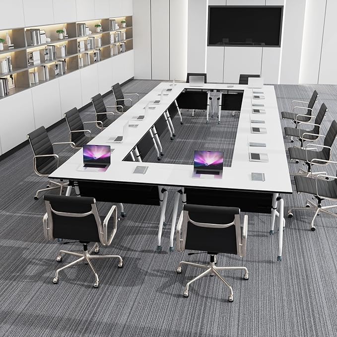Conference Table, Folding Conference Room Tables, Mobile Training Tables with Silent Wheels, Large Rectangular Modular Seminar Table Office Computer Desks for Classroom White (10Pack L47.2in)