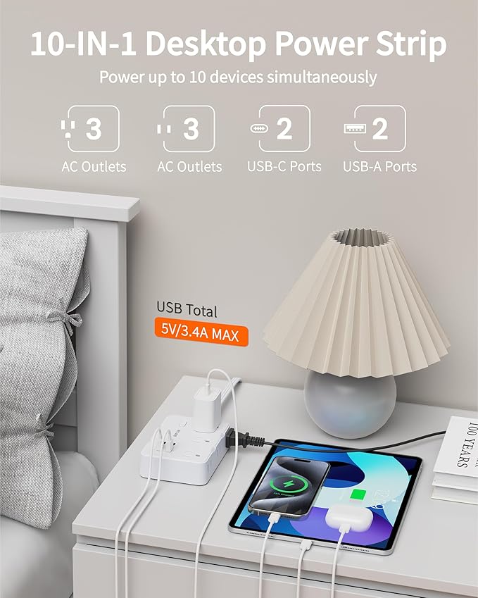 Surge Protector Power Strip with Flat Plug, 5 FT Extension Cord with 6 AC Outlets 4 USB Ports(2 USB-C),1050J Surge Protection, Wall Mountable Charging Station for Office, Home, White