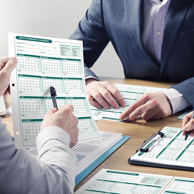 ReliThick 50 PCS 2025 Attendance Calendar Card Stock Paper 2025 Attendance Sheets for 3 Hole Binder Employee Record Folders for Manager, HR, Store Location Managers(Green)
