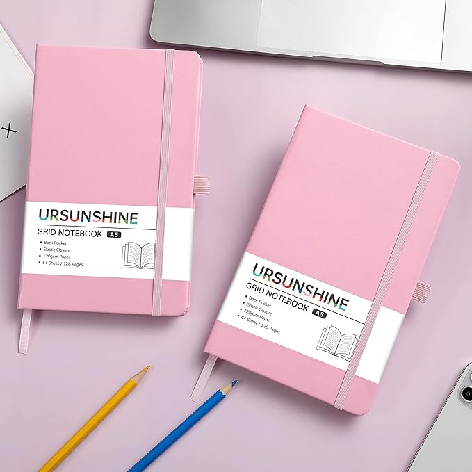 Graph Grid Paper Notebook/Journal - Classic Journal/Notebook with Ribbon Divider, Hardcover with Thick Paper, 5.3" x 8.26", Banded + Pen Holder +Inner Pocket - Pink