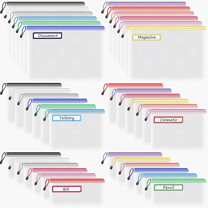 Umriox Mesh Zipper Pouch Bags, A4+A5+A6 (12 Colors, 36 Pack), Mesh Bags with Zipper, Storage Bags, Zipper Bags for Office Supplies Travel Storage