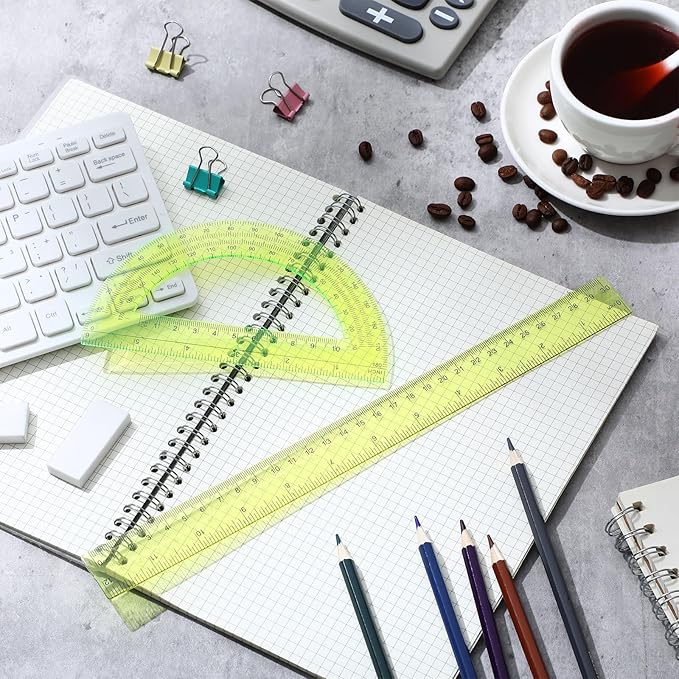 Zonon 2 Pack 12'' Plastic Ruler and 6'' Plastic Protractor Set Clear Ruler Protractor Set Math Geometry Supplies for School Classroom Home Office Drawing(Yellow)