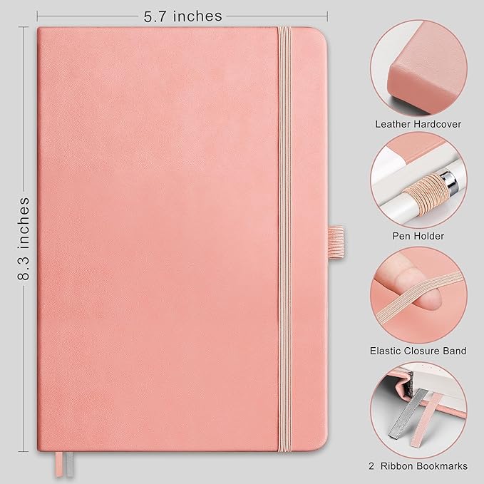 RETTACY Bullet Dotted Journal Notebook, 2-Pack, 160 Numbered Pages per Pack, A5 Medium Size (5.7'' x 8.3''), 120 GSM Thick Paper, Leather Hardcover, for Bullet Journaling (Black & Pink)