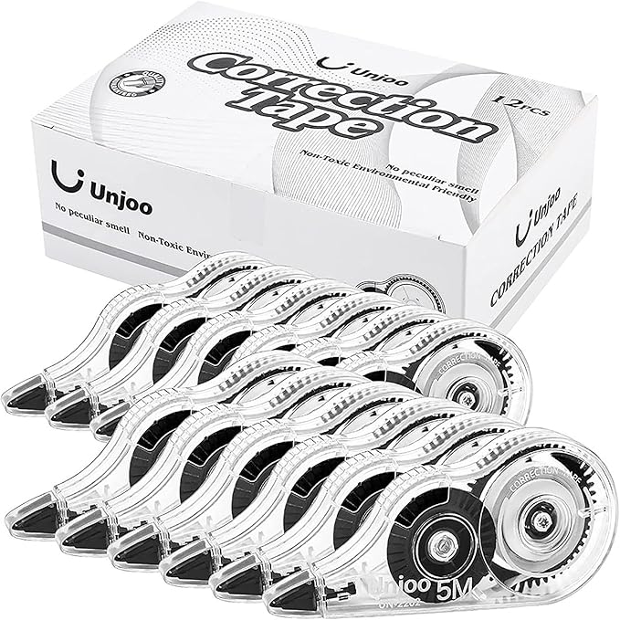 White Correction Tape, Easy To Use Applicator for Instant Corrections Wrong Writing At Any Time, For school, Office (12pack, 5M/196" x 0.2", Black)