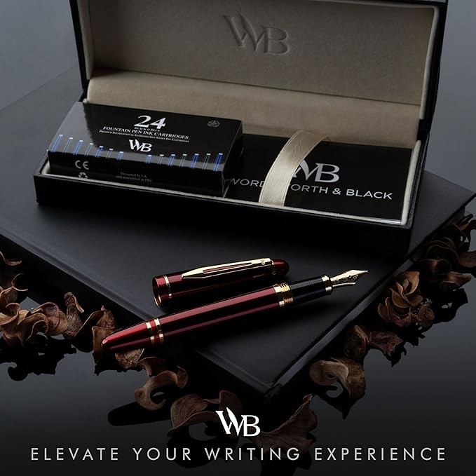 Wordsworth & Black Majesti Fountain Pen-(Red), Luxury Case, 24K Gold Finish; 18K Gilded Fine Nib- Ink Cartridges, Refillable Ink Converter-Calligraphy Pen-Best Business Gift Set for Men & Women