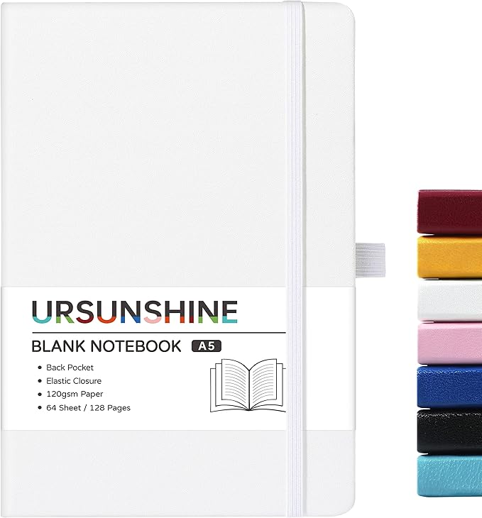 Blank Journal/Notebook - Classic Notebook/Journal with Ribbon Divider, Hardcover with Thick Paper, 5.3'' x 8.26'', Banded + Pen Holder +Inner Pocket - White