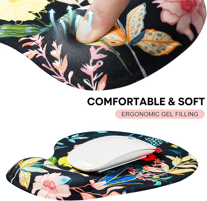 JIKIOU Mouse Pad, 2 Pack Ergonomic Mouse Pads with Comfortable Gel Wrist Rest Support and Lycra Cloth, Non-Slip PU Base for Easy Typing Pain Relief Durable and Easy to Clean Small Black Flowers