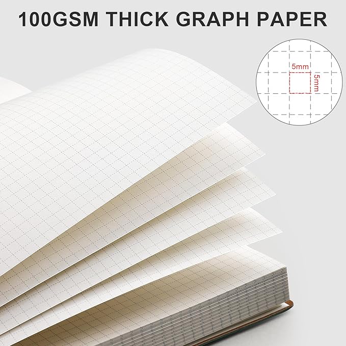 AHGXG Graph Paper Notebook - Grid Paper Notebook Large A4 8.5''×11'', 320 Pages Thick Journal, 100gsm Thick Graph Paper, Leather Softcover, Inner Pocket - GrayBlue