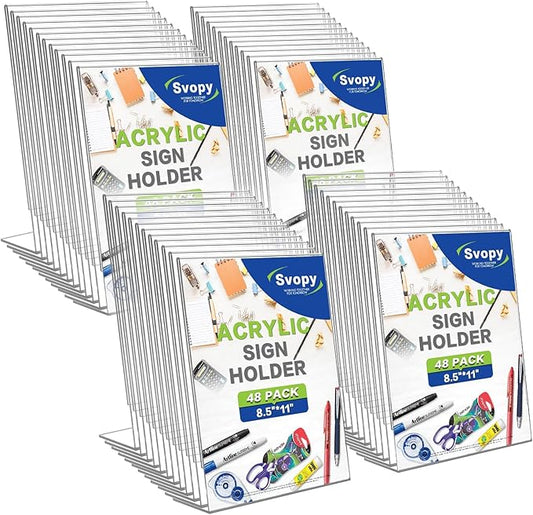 Acrylic Sign Stand Holders - 8.5 x 11 Inches Clear Plastic Table Paper Display Stand Suit for Displaying Posters, Picture, Flyers, Menu - 48 Pack