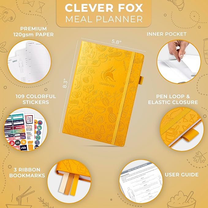 Clever Fox Weekly Meal Planner - Weekly & Daily Meal Prep Journal with Shopping and Grocery Lists for Menu Planning, Healthy Diet & Weight Loss Tracking, Lasts 1 Year, Undated, A5 - Amber Yellow