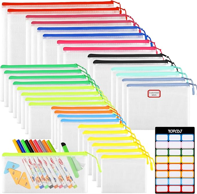 32pcs Mesh Zipper Pouch Bags, 12 Colors for Puzzles Board Game Storage, 8 Sizes for Reusable Plastic Zip Organizer for Travel Office Supplies, Puzzles, Board Game Storage