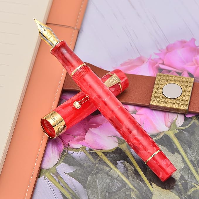 Jinhao 100 Fountain Pen Celluloid Classic Style, #6 Nib Smooth Writing Instrument with Refillable Converter and Pen Case Set