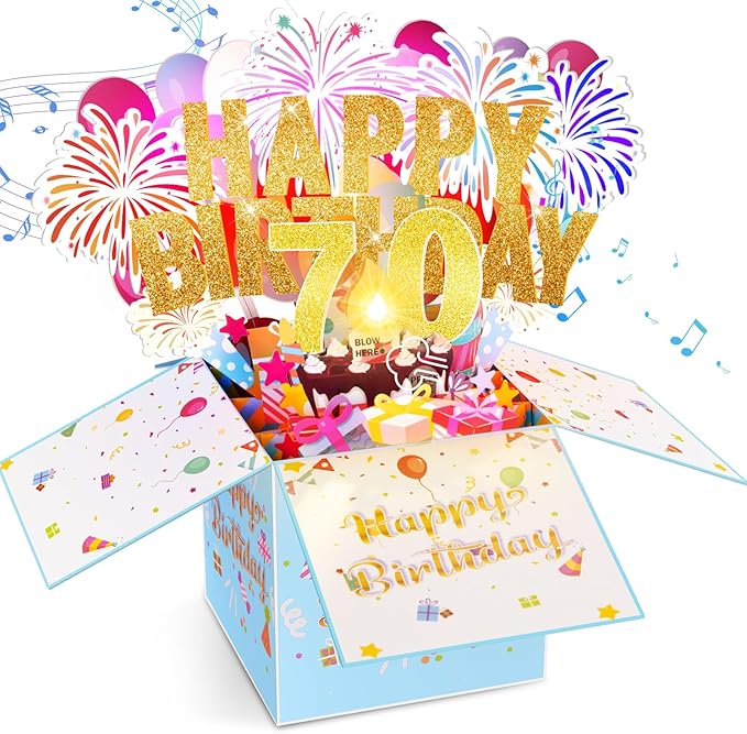 Tnvee 70TH Birthday Cards with Lights & Music & Candle, 3D Large Pop Up Happy Birthday Cards for Women Man Greeting Cards Decorations for 70 Years Old Mom Dad Grandparents