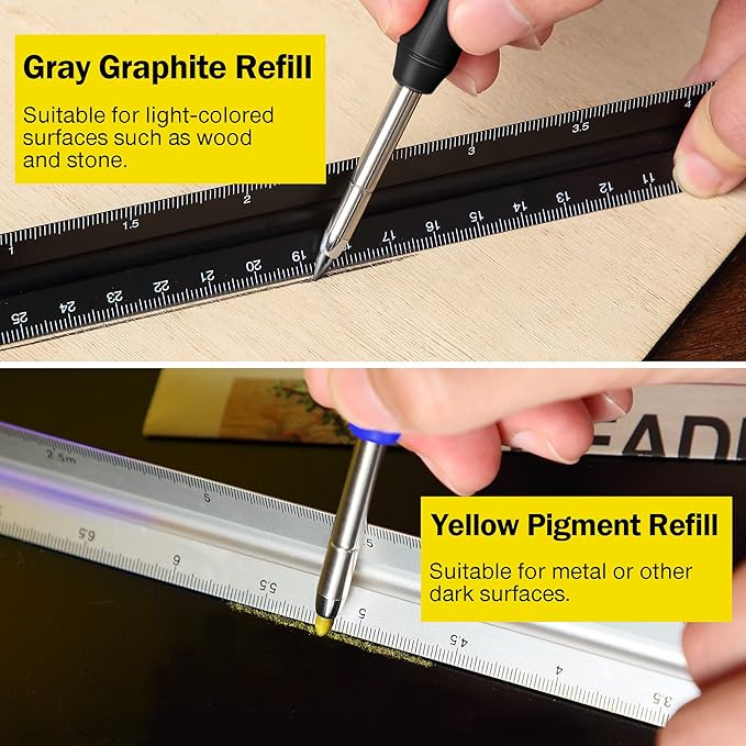Hiboom 2 Pack Solid Carpenter Pencil with 14 Refill, Long Nosed Deep Hole Mechanical Pencil Marker with Built-in Sharpener for Carpenter Woodworking Architect with Design Patent (Black, Blue)