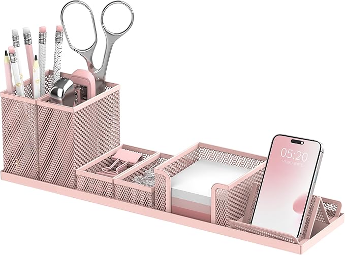SUPEASY Pen Holder for Desk, 6 Piece Mesh Desk Organizer set, Desk Accessories for Office Organization with Mail Organizer, Letter Phone Holder, Sticky Notes Caddy Storage, Pink