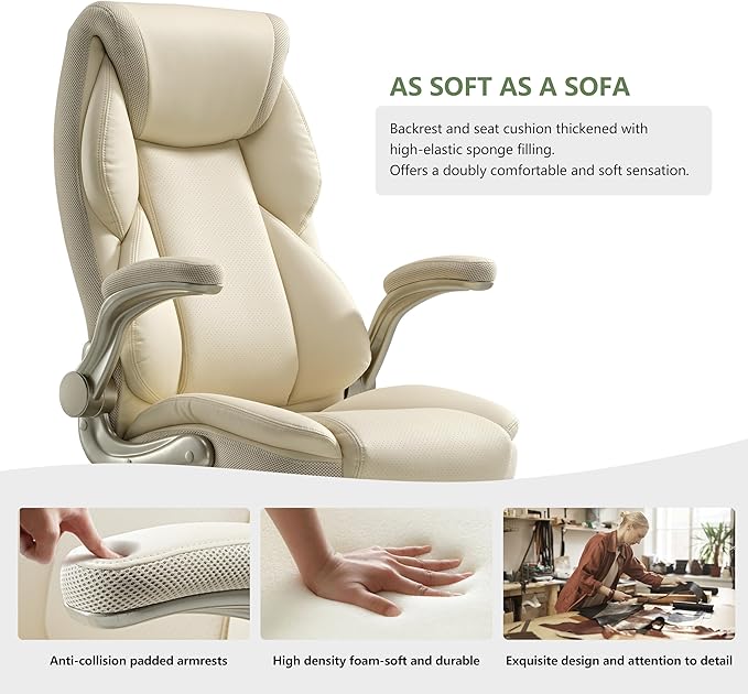 EUREKA ERGONOMIC Executive Office Chair Flip Up Arm Rest, Ergonomic Desk Chair Faux Leather Computer Chair, High Back Office Chair with Headrest, Home Office Desk Chairs with Wheels, Beige