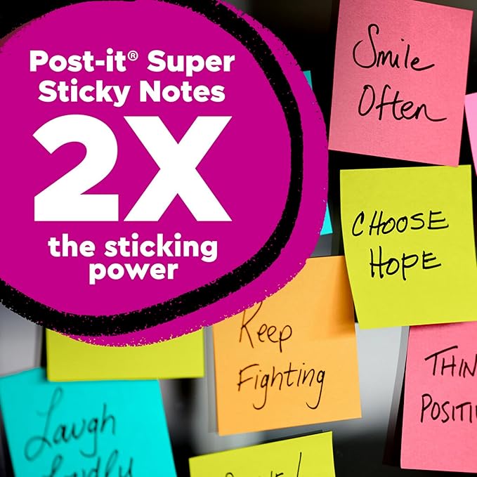 Post-it Super Sticky Notes, 12 Sticky Note Pads, 3 x 3 in., School Supplies, Office Products, Sticky Notes for Vertical Surfaces, Monitors, Walls and Windows, Energy Boost Collection