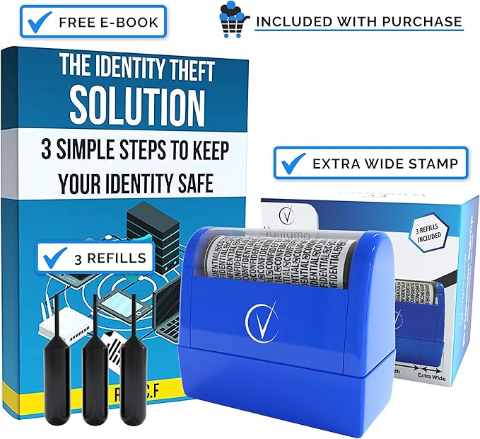 Identity Theft Protection Roller Stamps Wide Kit - Confidential Roller Stamp, Anti Theft, Privacy & Security Stamp, Designed for ID Blackout Security - Classy Blue Wide with 3 Refills