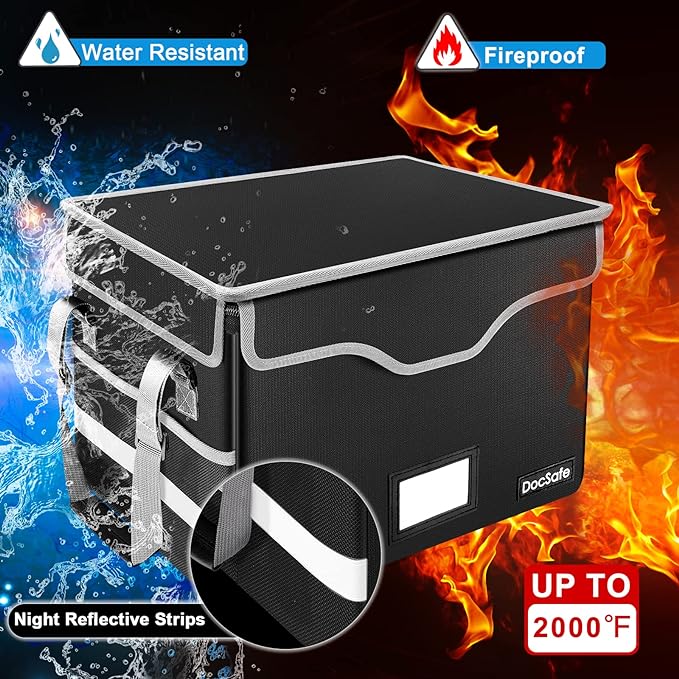 DocSafe File Box Fireproof Document Box with Lock,File Storage Organizer Box with Mesh Pockets,Collapsible Portable File Box Home Office File Cabinet with Handle for Hanging Letter/Legal Folder,Black