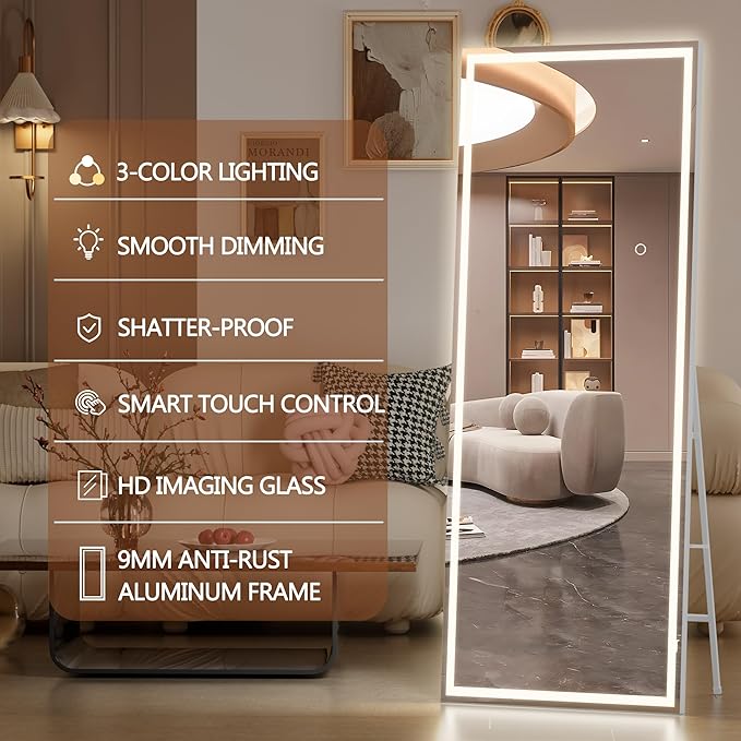 Hasipu Full Length Mirror with Lights, 67" x 24" LED Lighted Floor Standing, Full Body Dressing Hanging Mounted Mirror, Dimmable, Tempered Glass, Safe to Use, Square White