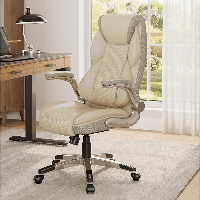 EUREKA ERGONOMIC Executive Office Chair Flip Up Arm Rest, Ergonomic Desk Chair Faux Leather Computer Chair, High Back Office Chair with Headrest, Home Office Desk Chairs with Wheels, Beige