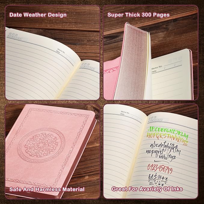 2025 Leather Vintage Journal Notebook,300 Pages,Leather Softcover Lined Journal Notebooks for Women Men,Notebook Journals for Writing Travel,Business,Office,Rose Gold Pink