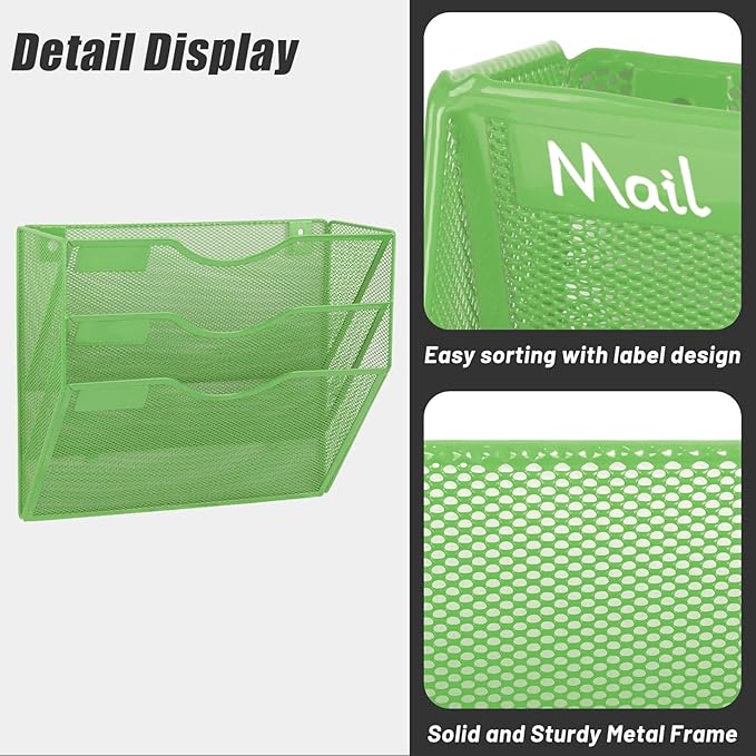 EASEPRES 3 Pocket Mesh Hanging Wall File Organizer, Wall Mounted Mail Paper Document Folder Holder, Clipboard Storage Organization Magazine Rack with Nametag Label for Office Home School, Green