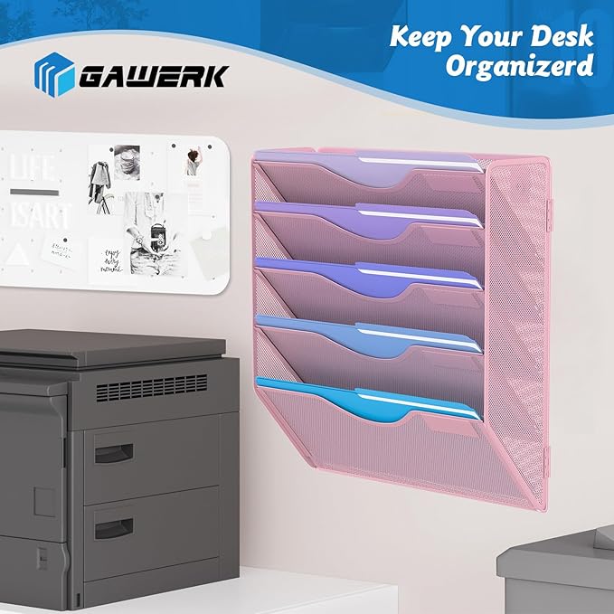 5 Tier Hanging Wall File Organizer, Mesh Mail Paper Orgnization Hanging File Folder Holder for Home Office, Pink