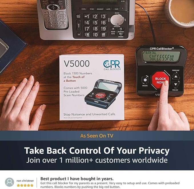 CPR V5000 Call Blocker for Landline Phones, Home Phones, Cordless Phones – Stop All Unwanted Calls, Robocalls, Scam Calls at a Touch of a Button - Join Over 1 Million Satisfied Customers
