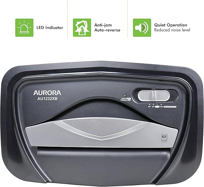 Aurora AU1232XB Anti-Jam 12-Sheet Crosscut Paper/Credit Card Shredder with 5.2-Gallon Wastebasket (Black/Semi Translucent Gray)