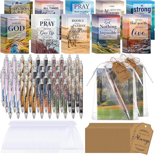 200 Pcs Bible Verse Sets Church Christian Gift Include 50 Scripture Notebooks 50 Bible Bamboo Pens 50 Thanks Tags 50 Organza Bags for Women Man Christian Party Gifts(Bright Color,Scenery)