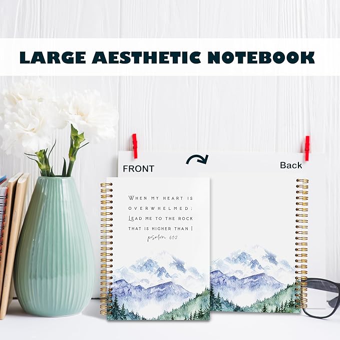 BearCake Christian Notebook Journal, Prayer Journal for Women, Lead Me To the Rock That is Higher Than I Bible Notebooks for Note Taking, Watercolor Mountain Hardcover Spiral Notebook 5.5x8.3