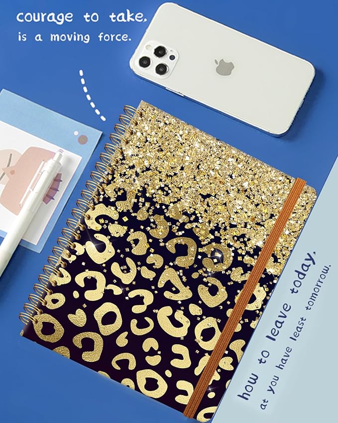 Ruled Spiral Writing Notebook,A5 Hardcover Lined College Journal for Women Lady,Fashion Puppy Watercolor Strong Twin-Wire Binding with Premium Paper,8.4" X 6",Perfect for School,Office,Home Gifts(Shiny Gold Leopard)