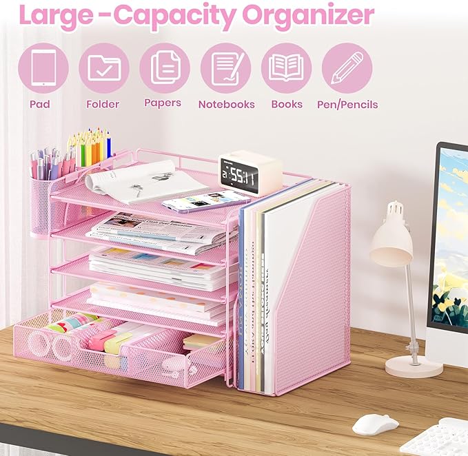 Desk Organizers and Accessories, 5-Tier Paper File Organizer with Drawer & Pen Holder, Office Desk Accessories Workspace Desktop Organizer for Office Supplies((Pink)