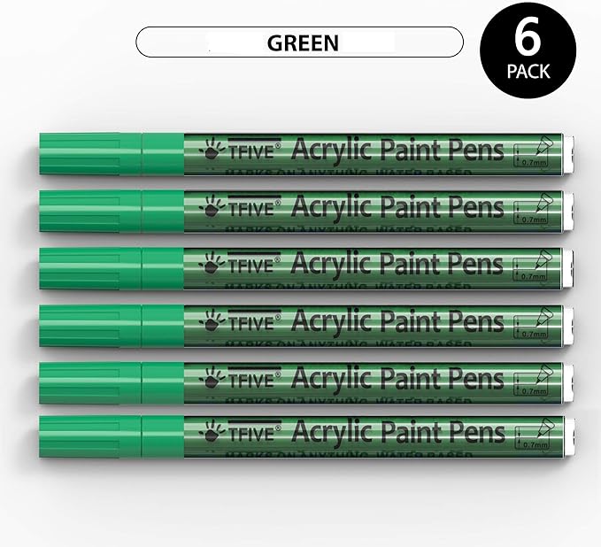 Green Marker Paint Pens - 6 Pack Acrylic Green Permanent Marker, 0.7mm Extra Fine Tip Paint Pen for Art Projects, Drawing, Rock Painting, Stone, Ceramic, Glass, Wood, Plastic, Metal, Canvas DIY Crafts
