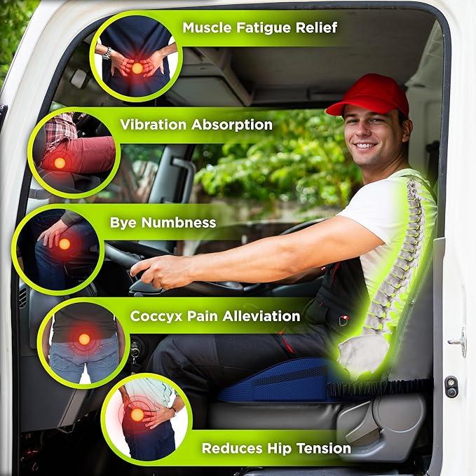 Large Truck Seat Cushion for Truck Driver Seat Cushion - Upgraded Back Support, CertiPUR-US® Certified - Thick Memory Foam, Pain Relief for Hours of Driving, Trucker Approved Big Rig - Navy
