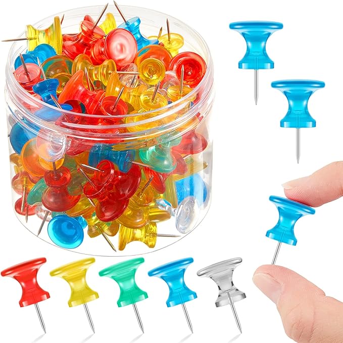 Outus 100 Pcs Giant Push Pins Large Thumb Tacks Plastic Heads 1 Inch Jumbo Push Pins for Cork Board Map Posters Office School(Red, Yellow, Blue, Green, Transparent)