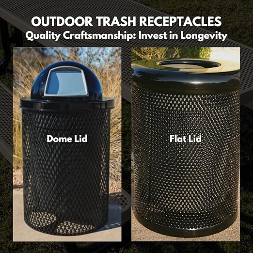 32-Gallon Heavy-Duty Punched Steel Round Trash Receptacle, Commercial Outdoor Waste Bin with Liner & Black Flat Top Lid – Made in America (Textured Gold Vein)