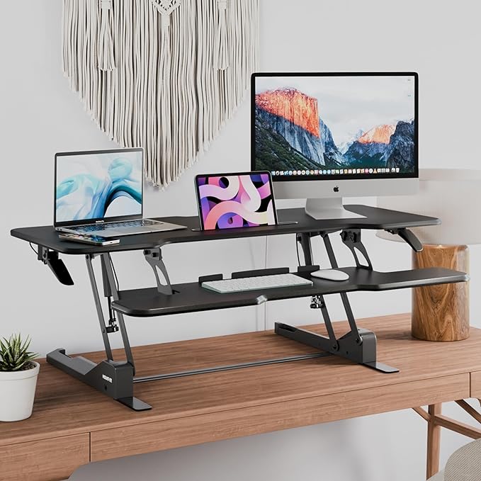 Mount-It! 47" Standing Desk Converter, Large Wide Tabletop Height Adjustable Desk Riser with Gas Spring, Desktop Sit Stand Up Desk with Keyboard Tray Fits 2 Monitors or Monitor and Laptop, Black