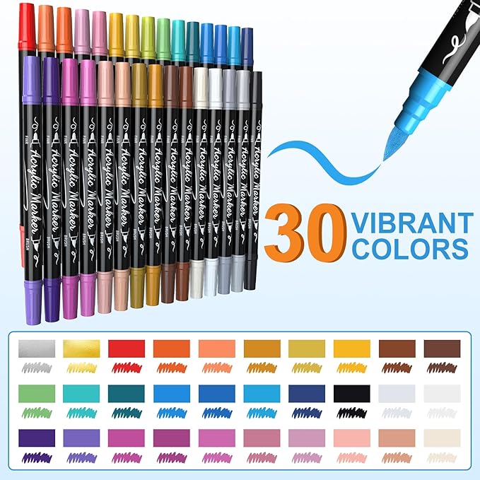 30 Colors Acrylic Paint Markers, Waterproof Dual Tip Acrylic Paint Pens with Brush and Fine Tip, Markers Set for Paper, Rock, Wood, Canvas, Glass, Ceramic and DIY Crafts Making Art Supplies